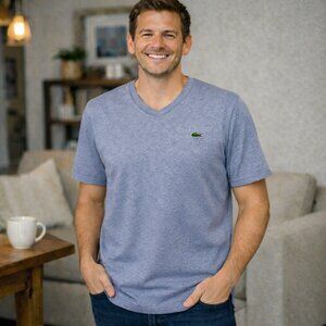 Lacoste T-Shirt Mens Large Heather Gray Pima Cotton Regular Fit Logo V-Neck